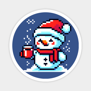 Pixel Art Snowman Enjoying Coffee - Winter Holiday Design Magnet